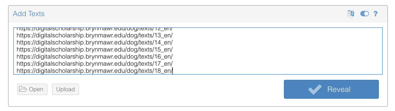Screenshot of URL links listed in Voyant "Add Texts" screen.